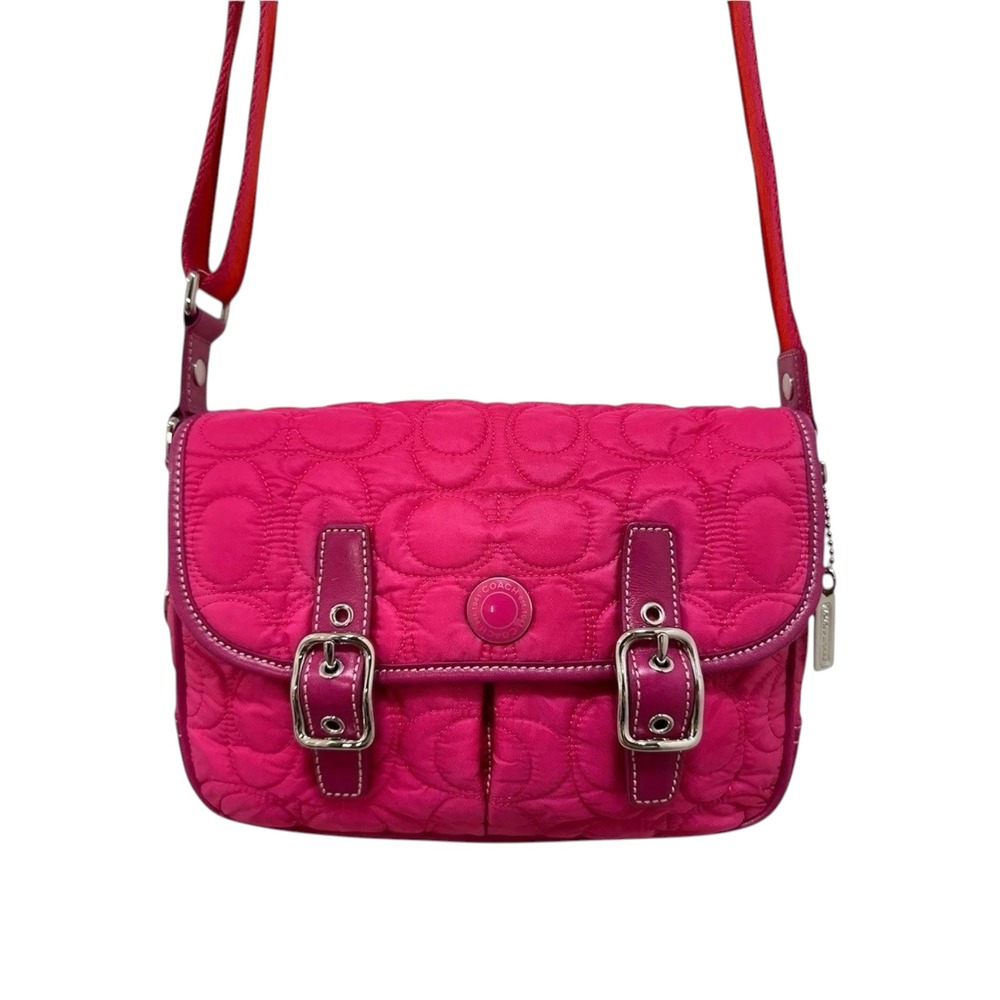 Coach Quilted Signature Nylon Field Messenger‎ Bag Fuchsia Pink Suede 4061